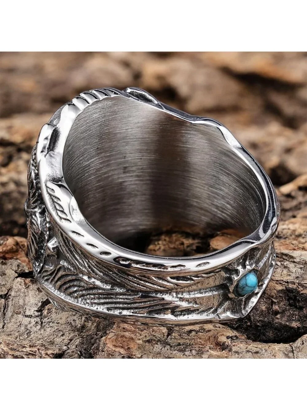 Men's Vintage Turquoise Titanium Steel Ring with Eagle Design - Western Biker